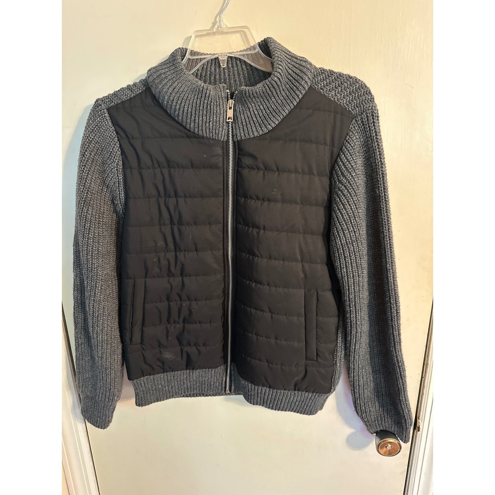 Heimish LPY36 Mixed Media Puffer Jacket Grey Wool Blend Ribbed Knit Sweater S